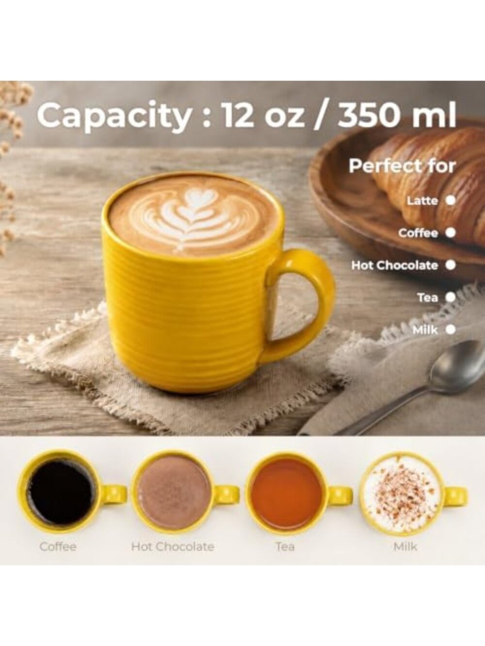 Set of 4 Glossy Yellow Ceramic Coffee Mugs, 12 oz Ribbed, Stackable, Dishwasher - Picture 4 of 6